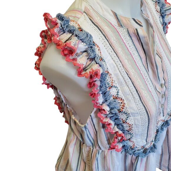 Ella Moss Natalia Babydoll Multicolored Striped Sleeveless Ruffle Peplum Top Med - Picture 8 of 10